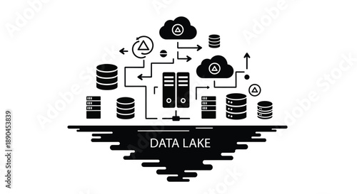 Data lake architecture illustration with servers connections and warning signs