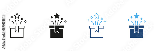 Gift Box With Stars And Sparkles Line And Solid Icon Set. Celebration, Surprise, And Festivity Outline And Silhouette Symbol Collection. Party And Event Icons. Isolated Vector Illustration