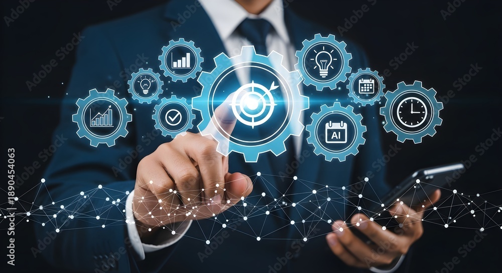 Fototapeta premium A businessman interacting with digital gears representing business efficiency and technology integration