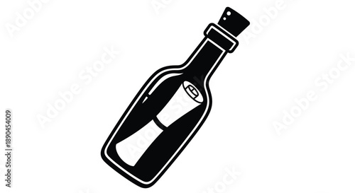 A black and white illustration of a bottle containing a rolled message