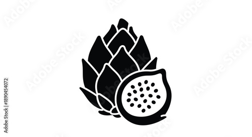 Black and white illustration of an artichoke with a cutaway view