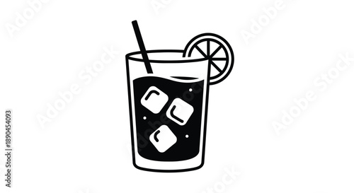A black and white illustration of a glass filled with a dark drink and ice