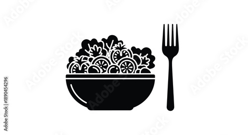 A simple black and white icon depicting a salad with a fork