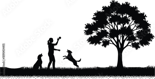 Silhouette vector of person playing with dogs under tree in outdoor scene, ideal for pet interaction, nature design, and animal companionship themes.