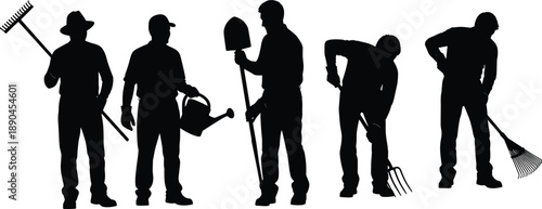 Silhouetted gardeners performing outdoor tasks with rake, shovel, pitchfork, and watering can, representing teamwork, manual labor, and landscaping in agricultural or horticultural settings