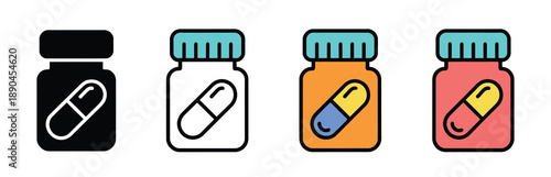 icon of a pharmacy pill bottle, same pose and proportions across four styles: black solid, glyph, outline minimal, flat multicolor filled, for rank titles, pharmaceutical and medical graphics,
