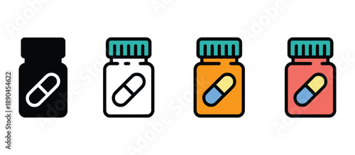 pharmacy pill bottle icon, consistent pose and proportions in black solid, glyph, outline minimal, and flat multicolor filled styles