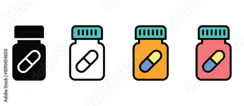 icon pharmacy pill bottle, same pose and proportions in four styles: black solid, glyph, outline minimal, flat multicolor filled, vector illustration