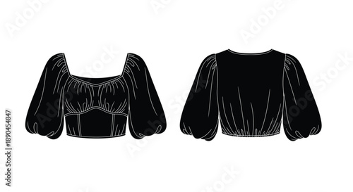 Black and white illustration of a fashionable blouse with puffy sleeves