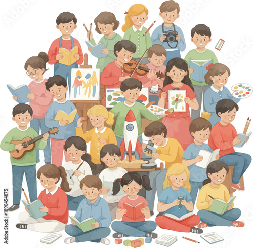Creative People and Children with Art, Music and Science Activities Illustration