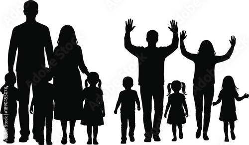 Silhouettes of two diverse families with children in joyful poses, representing unity, parenting, and generational bonding in outdoor lifestyle or social concept design