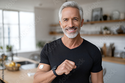 Smiling mature man using wearable health tech at home — monitoring fitness with a smartwatch and glucose sensor patch in a bright modern kitchen