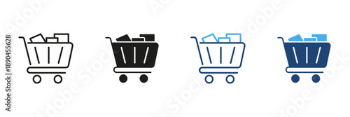 Shopping Cart With Boxes Line And Solid Icon Set. E-Commerce, Online Shopping, And Retail Marketplace Outline And Silhouette Symbol. Consumer Goods And Retail Industry. Isolated Vector Illustration