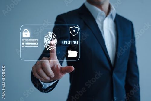 A professional businessman is interacting with a futuristic holographic interface displaying a fingerprint scan, a padlock icon, and binary code for secure access.