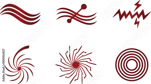 Red swirling abstract shapes and lines on white background for graphic design elements  various modern symbols