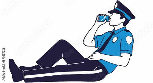 Police Officer Relaxing Drinking Beverage.
