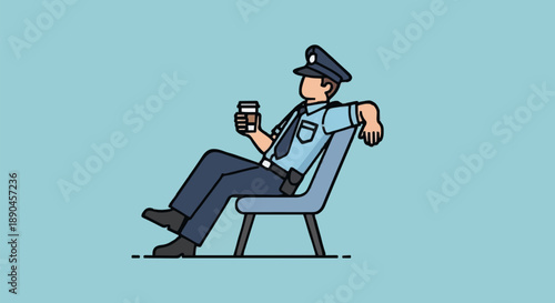 Police Officer Relaxing with Coffee Cup Sitting on Chair.