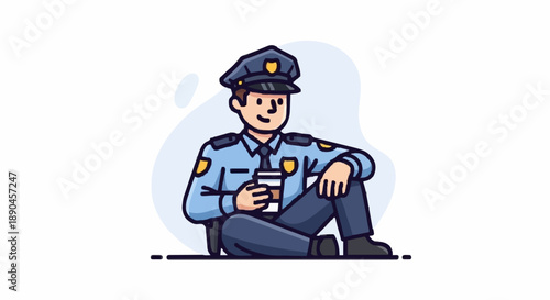 Police Officer Relaxing with Coffee Cup Illustration.