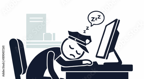 Police officer sleeping at desk in front of computer screen.