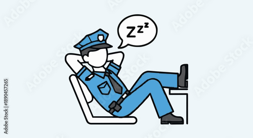Police officer sleeping at desk with feet up.