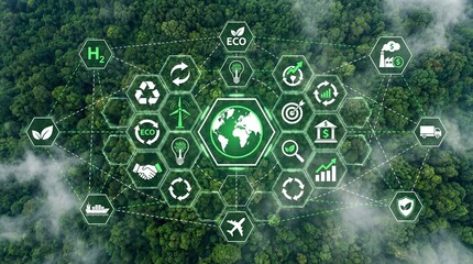 Sustainable eco-friendly practices visualized through digital icons on a lush green forest landscape from an aerial viewpoint