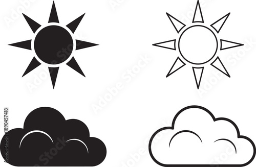 Weather icons set sun and cloud filled and outline icons