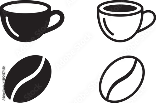 Coffee shop icons showing hot espresso cup and roasted bean in solid and outline versions