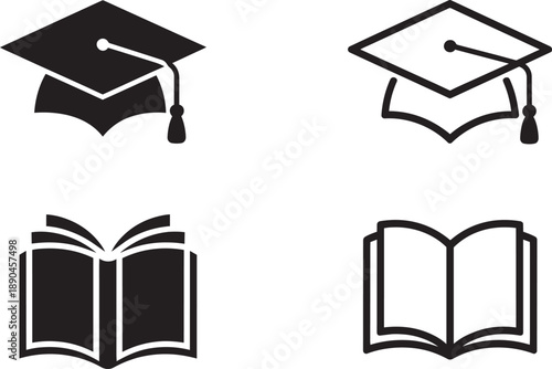 Education icons set with graduation mortarboard cap and open book for academic theme art