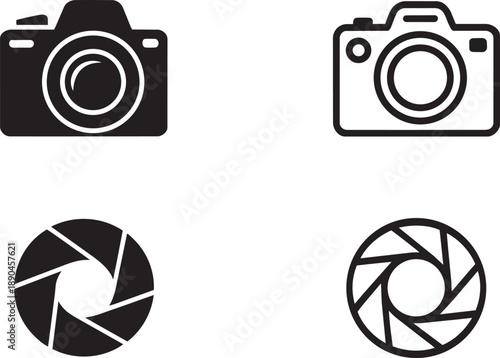 Photography equipment icons with dslr camera and lens aperture shutter vector silhouettes