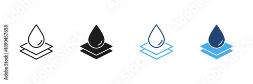 Waterproof Material Layer Line And Solid Icon Set. Water Resistance And Protection Outline And Silhouette Symbol Collection. Moisture Barrier And Durability Icons. Isolated Vector Illustration