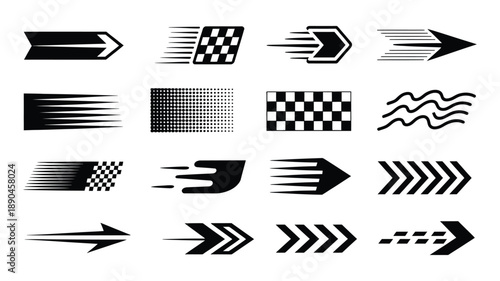 Set of black and white arrows and speed lines elements, vector illustration for rank titles, graphic design, racing visuals, motorsport graphics, dynamic layouts, motion design, digital media, 