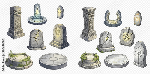 Set of ancient stone elements for game design, including pillars, altars, tombstones, and runes with glowing symbols.