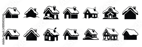 christmas  snowy house icon set silhouette on black colour and white background. Holiday silhouette vector icons.