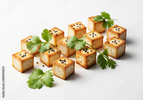 Fried golden tofu cubes with black sesame seeds and fresh cilantro sprigs on white background