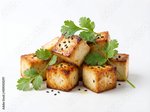 Crispy sautéed tofu cubes with black sesame seeds and fresh cilantro on white background