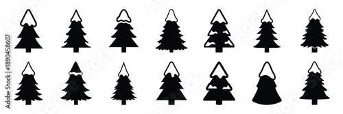 christmas  tree snow icon set silhouette on black colour and white background. Holiday silhouette vector icons.