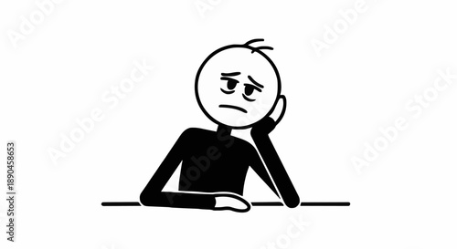 Sad Stick Figure Leaning Head on Hand.