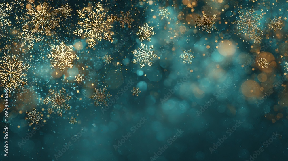 Fototapeta premium A festive background with gold snowflakes and bokeh lights on a dark blue gradient