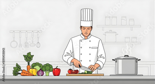 Culinary Precision: A culinary artist in a crisp chef's uniform meticulously prepares fresh ingredients in a pristine kitchen, embodying skill and dedication