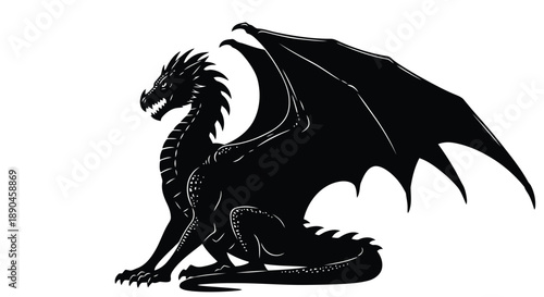 Dragon silhouette black and white vector illustration of mythical fantasy creature with large wings isolated on white background for gaming logo design medieval monster graphic art