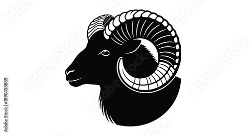 Ram head with big curled horns, side view, in a clean minimalist black and white vector silhouette graphic, simple strong animal design