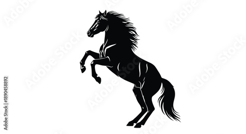 Stallion rearing up, majestic horse in a powerful stance, black and white vector silhouette graphic, beautiful wild animal design
