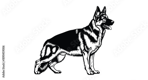 German shepherd dog standing illustration in black and white silhouette style showcasing strong breed posture and coat patterns for pet grooming or canine training service branding