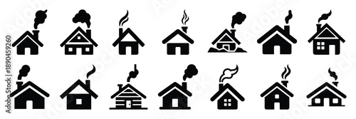 christmas  winter cabin smoke icon set silhouette on black colour and white background. Holiday silhouette vector icons.