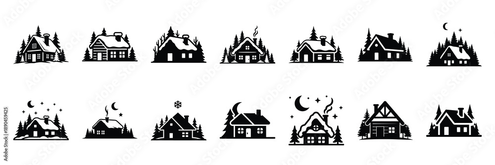 Fototapeta premium christmas winter night cabin icon set silhouette on black colour and white background. Holiday silhouette vector icons.