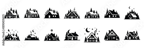 christmas  winter night cabin icon set silhouette on black colour and white background. Holiday silhouette vector icons.