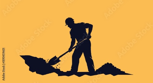 Silhouette of a construction worker digging with a shovel.