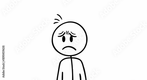 Sad stick figure with worried expression on white background.