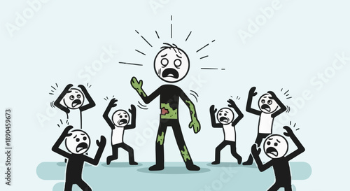Scared Stick Figure Surrounded by Panicked Crowd.