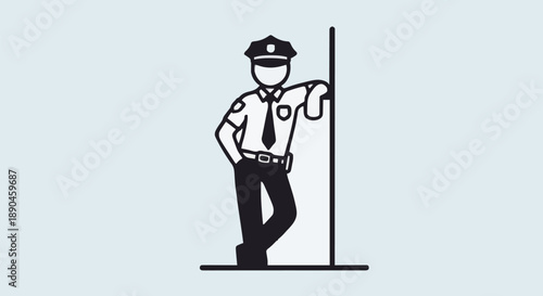 Security Guard Standing Leaning Against Wall Uniform Hat.